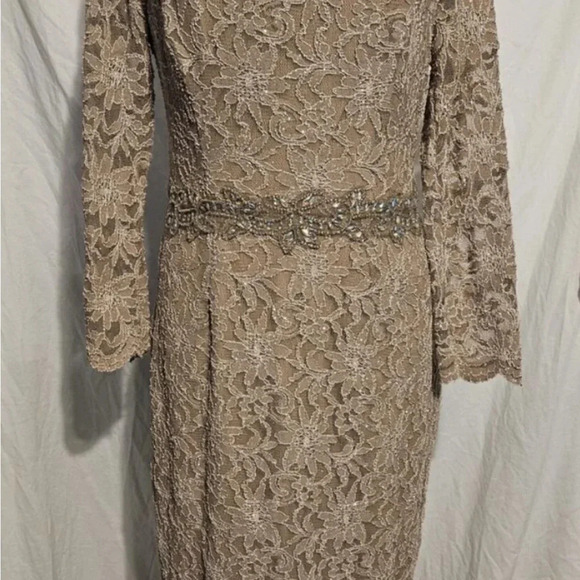 Jackie Jon New York Women Champagne Lace 3/4 Sleeve Beaded Dress, Size 12 Formal - Picture 3 of 7